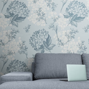 Hortensien-Tapeten-Pee-Stick-Vinyl entfernbar / ungeklebt, blaues Blumenweinlese-Aquarell-selbstklebendes Badezimmer-Tapete-botanisches Schlafzimmer