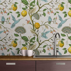 Tropische Vogel-Tapete Wandbild Peel Stick Vinyl Abnehmbar, Vintage-Kolibri-Tapete, weiß-grün-gelbe selbstklebende botanische Tapete