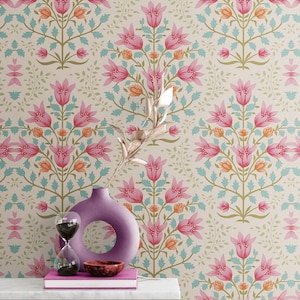 Art Deco Wallpaper Peel Stick Ablösbare / Nicht Eingeklebte, Vintage Pink Floral Selbstklebende Vinyltapete, Boho Wallpaper Wohnzimmer Dekor