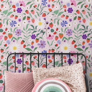 Wildflower Wallpaper Peel Stick for Girls Room Removable, Cute Botanical Garden Pink Floral Kids Bedroom Vinyl Self Adhesive Nursery Decor