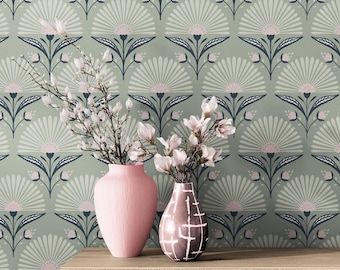 Art Deco Wallpaper, Jumbo Palms Pattern Green, Retro Floral Art Nouveau Wallpaper Vinyl, Removable Washable Vintage Peel & Stick or Unpasted