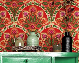 Art deco behang Peel and Stick verwijderbaar/niet geplakt, rode folk vintage zelfklevend behang Boho badkamer woonkamer slaapkamer muurschildering