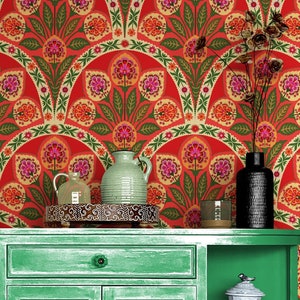 Art-Deco-Tapete Schälen und Aufkleben Abnehmbarer / Ungeklebter, Rote Folklore-Weinlese Selbstklebende Tapete Boho Badezimmer Wohnzimmer Schlafzimmer Wandbild