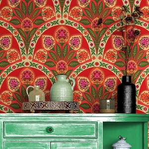 Art Deco Wallpaper Peel and Stick / Unpasted Removable, Red Folk Vintage Self Adhesive Wallpaper Bohemian Bathroom Living Room Bedroom Mural