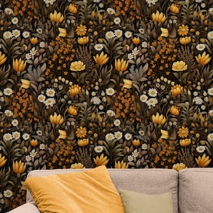 Wunderliche dunkle mit Blumen Tapete, Gänseblümchen Braun Retro Botanische Tapete zum Abziehen und Aufkleben, Wildblumen Vintage Selbstklebende Blumen Vinyl Schlafzimmer