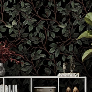 Dark Green Botanical Wallpaper Peel & Stick Removable, Vintage Tree Foliage Self Adhesive Vinyl Wallpaper, Forest Leaves Bedroom Wall Decor