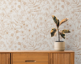 Papier peint botanique beige fleurs sauvages en vinyle amovible, fleurs bohèmes auto-adhésif floral chambre neutre chambre de filles papier peint