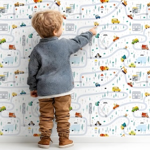 Cars Boys Wallpaper Peel & Stick, Unpasted Nursery Cute Animals Playroom Bedroom Wallpaper, Cartoon Trucks Removable Self Adhesive Wallpaper