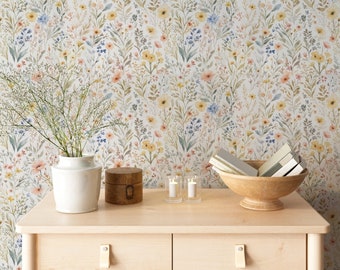 Papier peint botanique beige fleurs sauvages en vinyle amovible, papier peint auto-adhésif aquarelle fleurs jaunes pour chambre de bébé