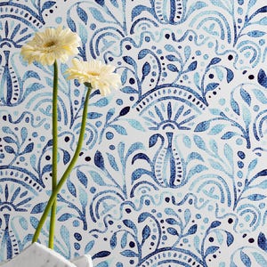 Papel tapiz de azulejos azules de vinilo despegable/sin pegar, papel tapiz autoadhesivo de acuarela mediterránea para salpicadero, decoración de cocina de Talavera