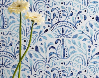 Blue Tile Wallpaper Vinyl Peel Stick Removable/ Unpasted, Mediterranian Watercolor Self Adhesive Backsplash Wallpaper Talavera Kitchen Decor