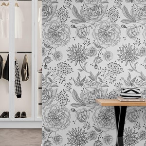 Carta da parati botanica in bianco e nero con fiori di peonia, carta da parati floreale vintage rimovibile, carta da parati adesiva per camera da letto, decorazione per la stanza Poudre
