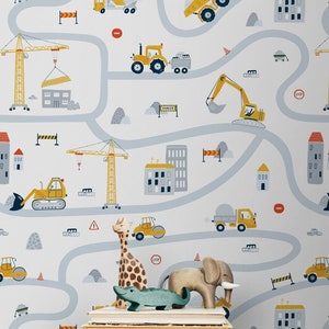 Cars Construction Wallpaper Peel & Stick / Unpasted Nursery, Kids Bedroom Wallpaper, Removable Self Adhesive Wallpaper Trucks Wallpaper Baby