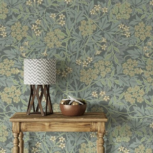 Botanical Wallpaper Peel Stick William Morris Inspired Vinyl, Removable Retro Vintage Sage Green Leaf Flowers Self Adhesive Bedroom Decor