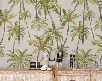 Palm Tree Wallpaper Vinyl Peel Stick / Unpasted Removable, Retro Tropical Vintage Palm Boho Self Adhesive Coastal Wallpaper Bedroom Bathroom