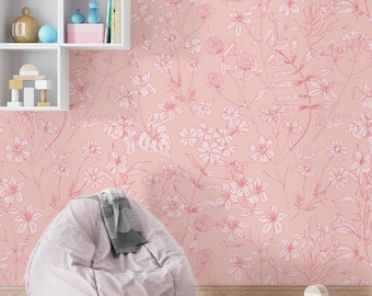 Roze wilde bloemenbehang Peel & Stick-vinyl verwijderbaar, bloemen Botanische tuin meisje kinderkamer zelfklevend slaapkamer pastel bloemen behang