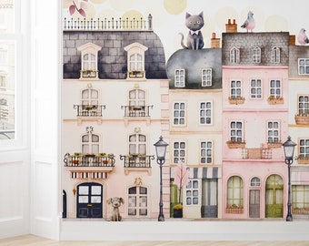 Paris Houses Wallpaper Girls Nursery Peel & Stick / Unpasted, Watercolor City Kids Bedroom Wallpaper, Removable Self Adhesive Cute Wallpaper