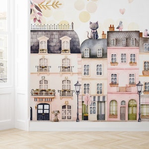 Carta da parati "Case di Parigi" per cameretta delle bambine, in vinile staccabile e attaccabile, carta da parati per cameretta dei bambini con città rosa acquerello, carta da parati autoadesiva rimovibile e carina