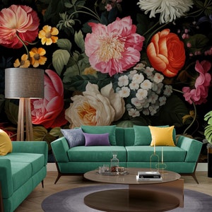 Vintage Flowers Wallpaper Peel Stick Vinyl Removable / Unpasted, Large Dark Dutch Floral Self Adhesive Wallpaper, Bathroom Living Room Mural