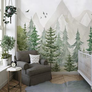 Kids Woodland Watercolor Wallpaper Nursery Peel & Stick, Pine Tree Fairy Mountains Boy Girl Bedroom Wallpaper, Removable Self Adhesive Mural