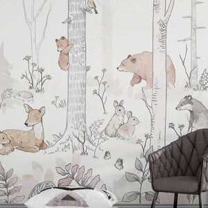 Forest Wallpaper Nursery Peel & Stick / Unpasted, Woodland Animals Kids Bedroom Neutral Wallpaper Removable Self Adhesive Vinyl Wall Mural