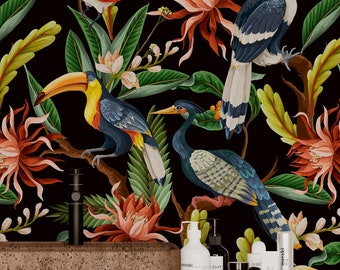 Tropical Birds Forest Wallpaper Peel & Stick Removable / Unpasted, Dark Botanical Self Adhesive Vinyl Toucan Wallpaper Bathroom Wall Mural