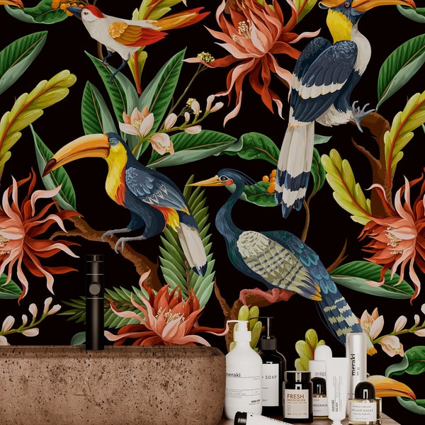 Tropische Vögel-Blumen-Tapete zum Abziehen und Aufkleben, selbstklebende Vinyl-Tukan-Tapete mit dunklem Dschungel, botanischem Blatt, Badezimmer-Wandbild