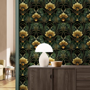 Carta da parati Art Deco oro staccabile e attaccabile, verde scuro Vintage Gatsby vinile rimovibile, carta da parati autoadesiva di lusso bagno soggiorno decorazione