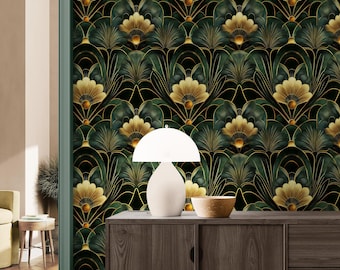 Art Deco Wallpaper Gold Peel & Stick, Dark Green Vintage Gatsby Removable Vinyl, Self Adhesive Luxury Wallpaper Bathroom Living Room Decor