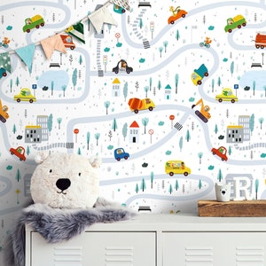 Carta da parati adesiva per bambini Cars, non incollata, per cameretta dei bambini, animali carini, sala giochi, camera da letto, carta da parati autoadesiva rimovibile con camion dei cartoni animati