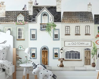 Stadshuizen behang kinderkamer Peel & Stick vinyl, pastel aquarel stad meisjes slaapkamer, speelkamer behang, verwijderbare zelfklevende muurschildering