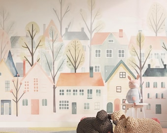 Watercolor Village Wallpaper, Pastel Houses Wall Mural, Kids Nursery Wallpaper, Peel and Stick, Girls Bedroom Playroom Wall Decor