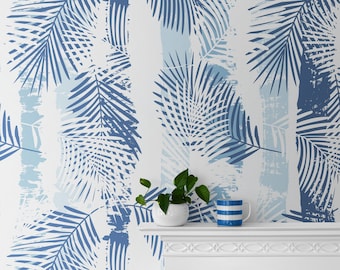 Coastal Wallpaper Vinyl Peel & Stick, Blue Palm Leaves Wallpaper Removable Unpasted, Tropical Leaf Self Adhesive Bathroom Waterproof Bedroom