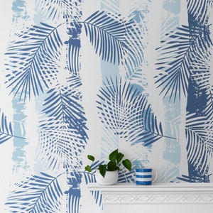 Carta da parati in vinile con motivo costiero, rimovibile e adesiva, con foglie di palma blu, rimovibile e non incollata, autoadesiva con foglie tropicali, impermeabile, per bagno e camera da letto.