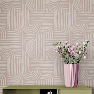 Boho Curved Lines Wallpaper Peel & Stick Removable / Unpasted, Beige Pastel Self Adhesive Vinyl Wallpaper, Rounded Bedroom Kitchen Wallpaper