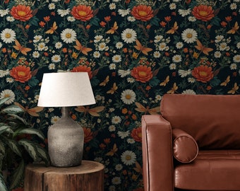 Garden Flowers Wallpaper Peel & Stick Removable Vinyl, Vintage Dark Floral Botanical Butterflies Self Adhesive Bedroom Wallpaper Bathroom