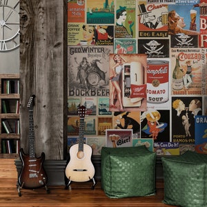 Retro Plakate Tapete Peel Stick / Unpasted, Man Höhle Tapete, Vintage Vinyl selbstklebende altmodische Badezimmer-Küchen-Kunst-Tapete