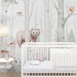 Carta da parati adesiva per bambini con animali della foresta, rimovibile e non incollata, carta da parati neutra per camera da letto per bambini con tema bosco, in vinile autoadesivo, per ragazzo