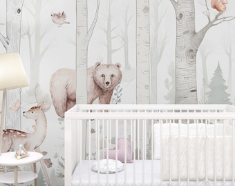 Animals Forest Wallpaper Nursery Peel Stick / Unpasted, Woodland Kids Bedroom Neutral Wallpaper Removable Self Adhesive Vinyl Wall Mural Boy
