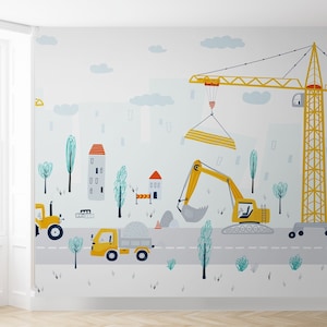 Construction Machines Wallpaper Peel & Stick, Unpasted Nursery, Boys Bedroom Cars Wallpaper, Removable Self Adhesive Trucks Vinyl Wall Mural