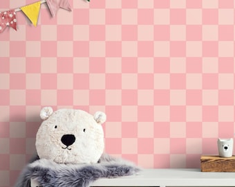 Pink Checkered Wallpaper Peel Stick Girls Room, Plaid Soft Unpasted Watercolor Self Adhesive Vinyl Tile Wallpaper Nursery Bedroom Wall Mural