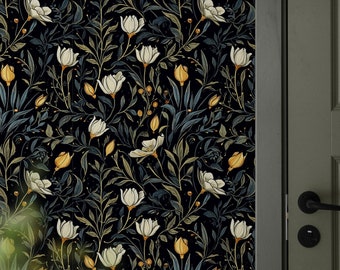 Whimsical Floral Dark Wallpaper, Retro Botanical Peel and Stick Wallpaper Removable, Wildflowers Vintage Self Adhesive Flowers Vinyl Bedroom