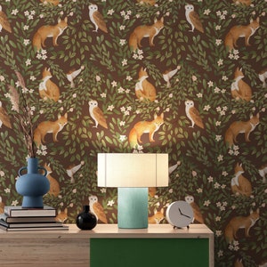 Carta da parati con animali della foresta, staccabile e adesiva, in vinile, rimovibile/non incollato, verde scuro, per la camera dei bambini, il soggiorno