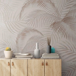 Carta da parati in vinile beige con foglie di palma, rimovibile, staccabile e non incollata, carta da parati autoadesiva Boho Jungle per bagno, cucina, soggiorno