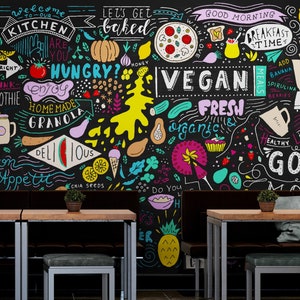 Schwarz Tapete, Vegan Lebensmittel Schälen & Stick Vinyl / Nicht eingefügt, entfernbare wasserdichte Kreide-Brett-Wand-Wandbild-Café-Restaurant