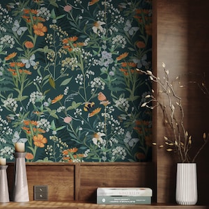 Papier peint fleurs sauvages vert foncé en vinyle amovible, décoration florale auto-adhésive botanique jaune orange bleu pour chambre à coucher
