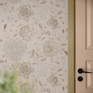 Beige Floral Hydrangea Wallpaper Peel Stick Vinyl Removable, Vintage Flowers Boho Peony Botanical Self Adhesive Neutral Bedroom Wall Decor