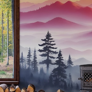 霧の山の風景を描いた剥がせる壁紙、剥がせるビニール、森の風景を描いた粘着壁紙、森のキッチンリビングルームの壁画