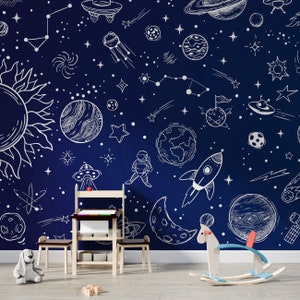 Carta da parati spaziale per bambini, staccabile e adesiva / non incollata, rimovibile, per bambini, pianeti, sala giochi, vinile, universo, blu, autoadesiva, educativa