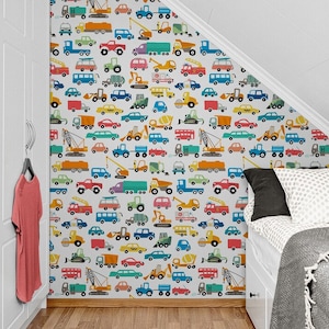 Nursery Wallpaper Boys Room Peel & Stick / Unpasted Traditional, Cars Bedroom Wallpaper Removable Self Adhesive Vinyl Trucks Kids Mural Art